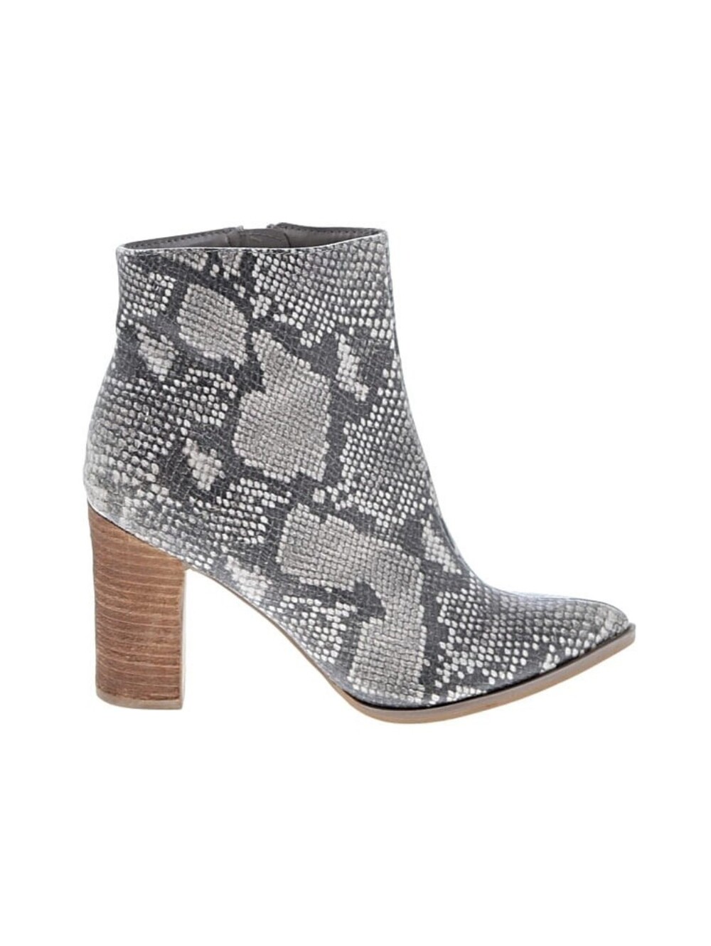 Carlos Santana Lydia Snake-Print Pointed Ankle Boots in Gray and Taupe